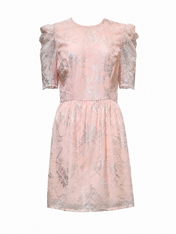 【新品DRESS 83】シルバーフラワープリントパワーショルダーフレアミニドレス ピンク【relish】